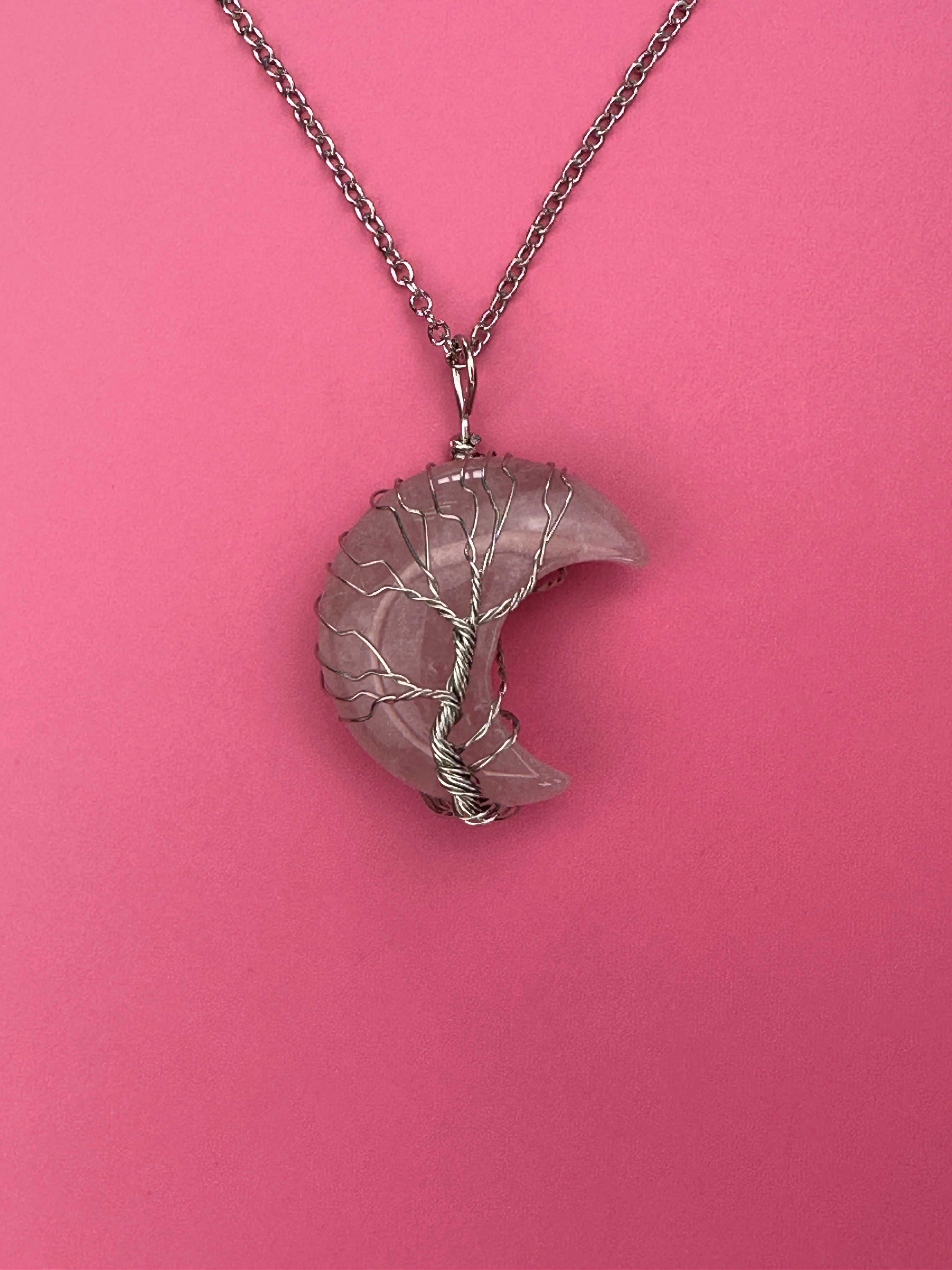 Rose quartz moon pendant and necklace