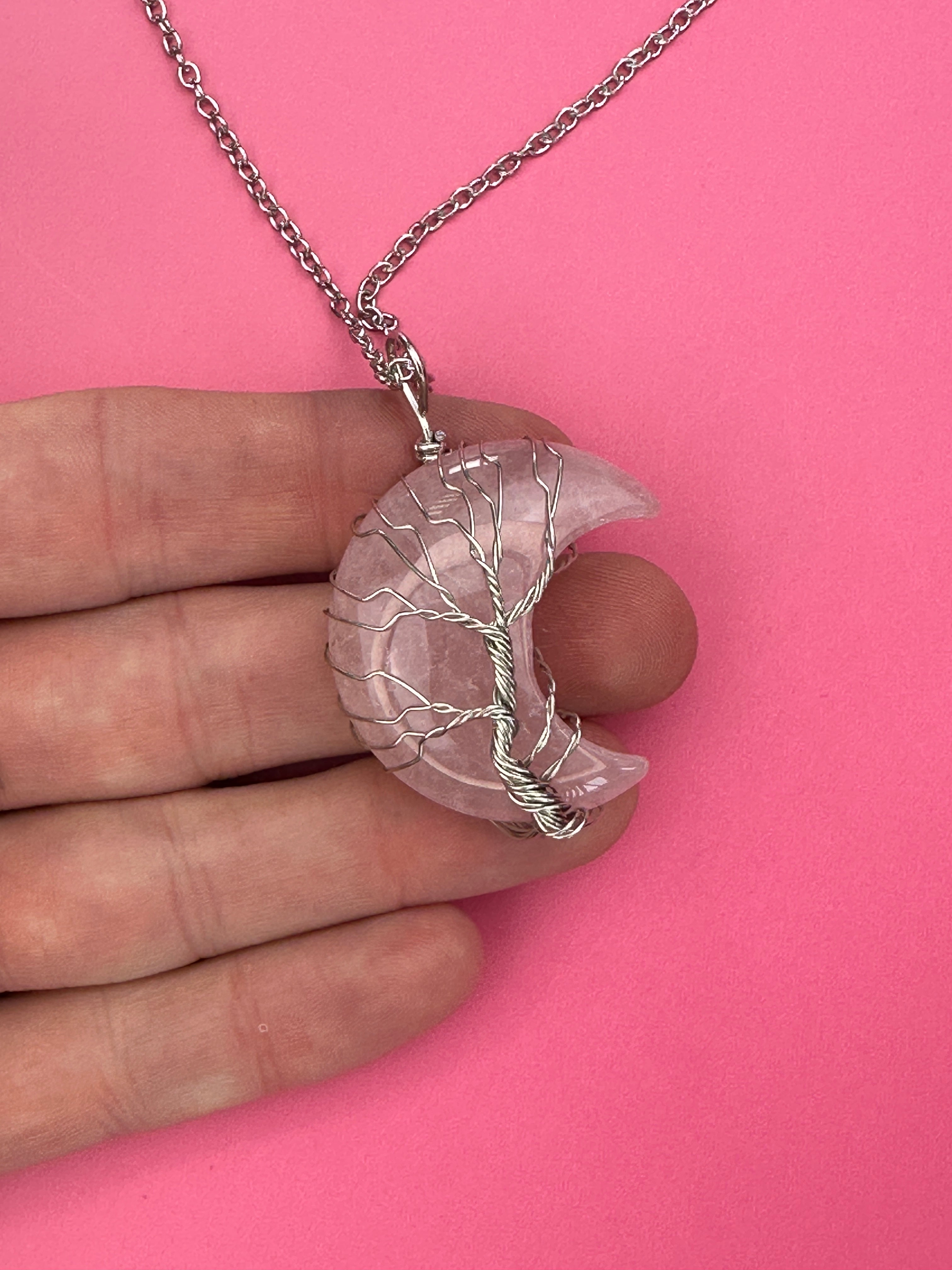 Rose quartz moon pendant and necklace